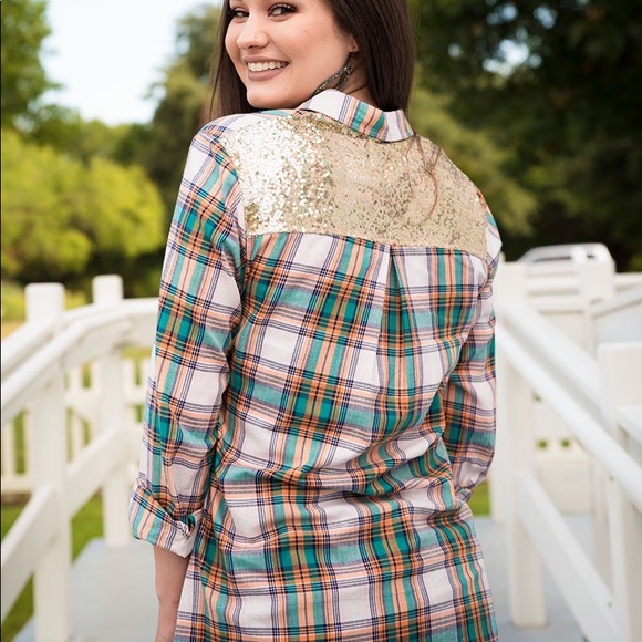 Plaid Button Up Top with Gold Sequins - Picture 2 of 2